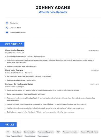 Water Service Operator Resume