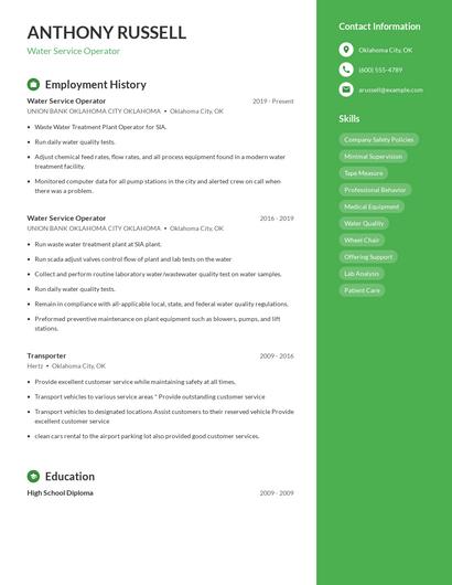Water Service Operator Resume