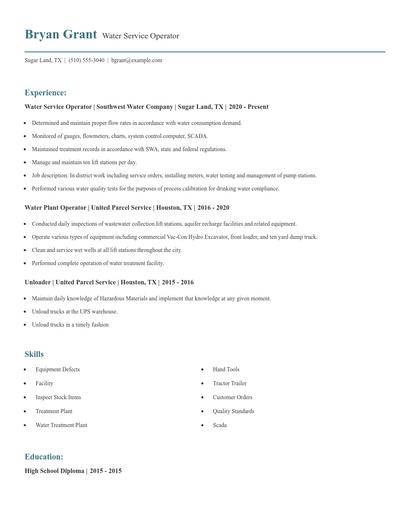 Water Service Operator Resume