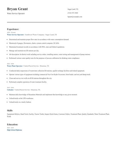 Water Service Operator Resume