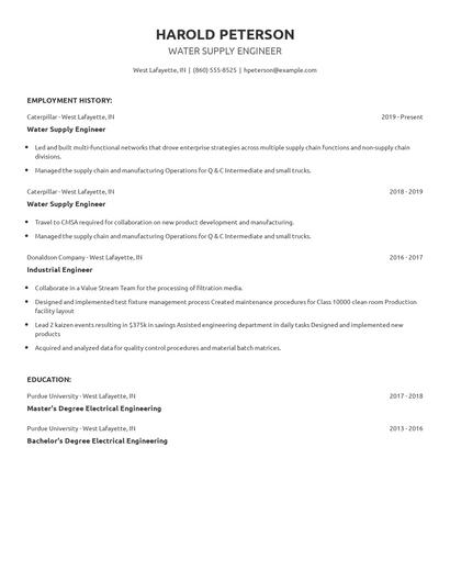 Water Supply Engineer Resume