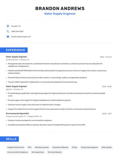Water Supply Engineer Resume