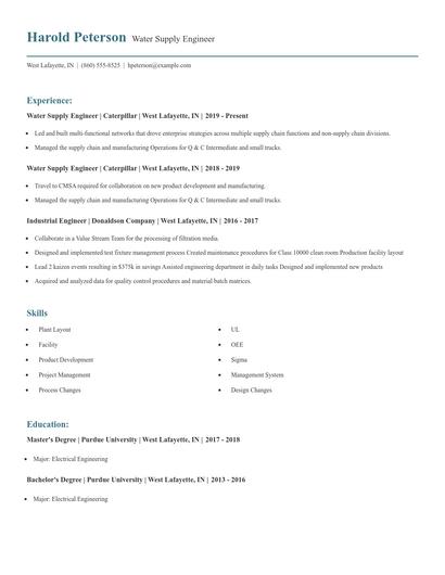 Water Supply Engineer Resume
