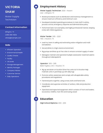 Water Supply Technician Resume