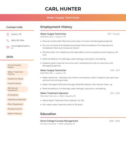 Water Supply Technician Resume