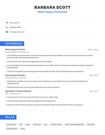 Water Supply Technician Resume