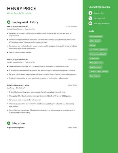 Water Supply Technician Resume