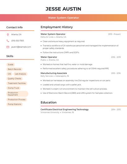 Water System Operator Resume