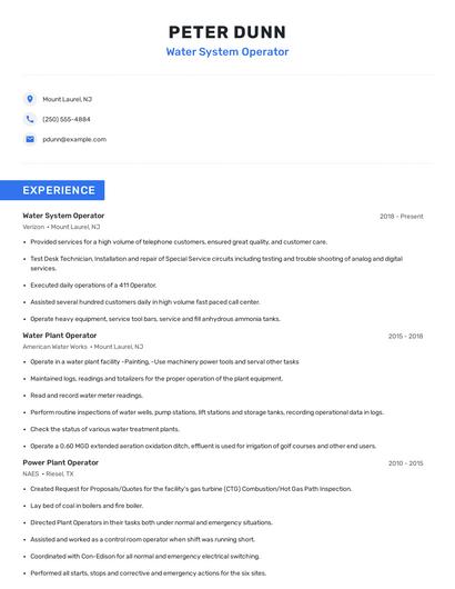 Water System Operator Resume
