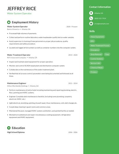 Water System Operator Resume