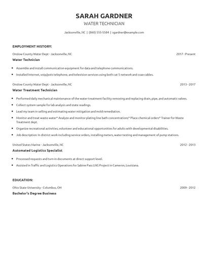 Water Technician Resume