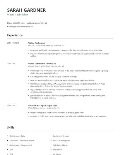 Water Technician Resume