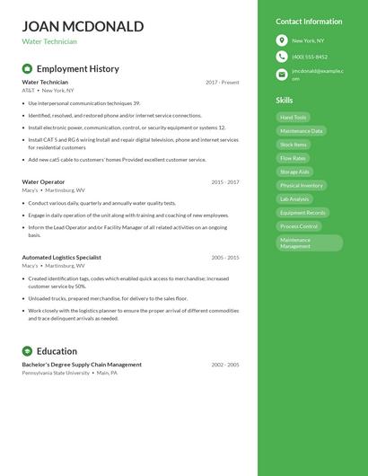 Water Technician Resume