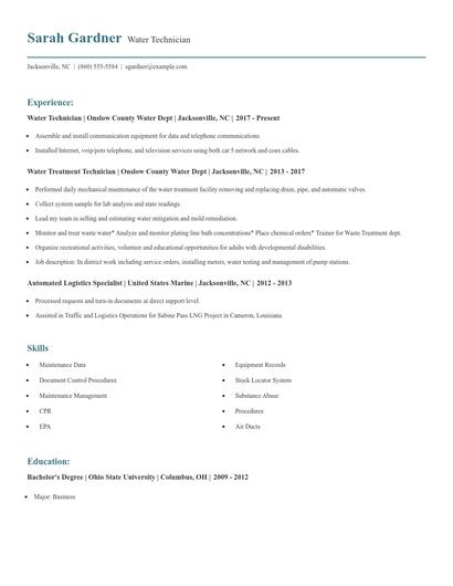 Water Technician Resume