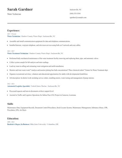 Water Technician Resume