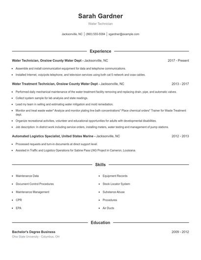 Water Technician Resume