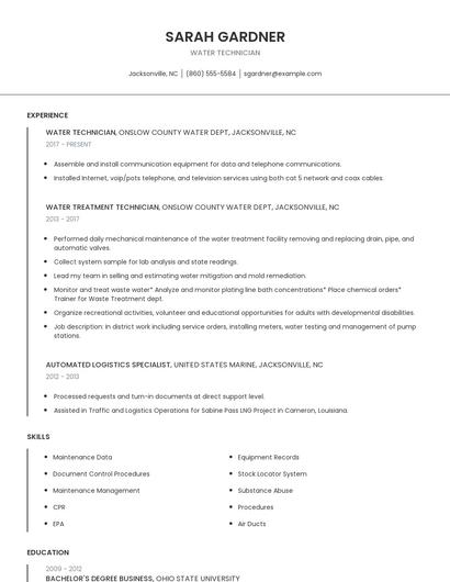 Water Technician Resume