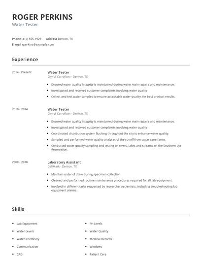Water Tester Resume