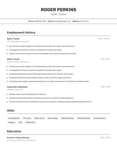 Water Tester Resume