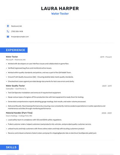 Water Tester Resume