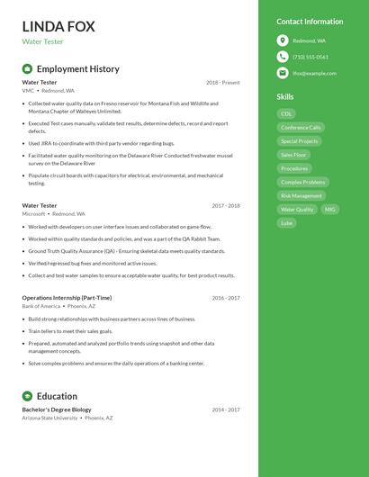 Water Tester Resume