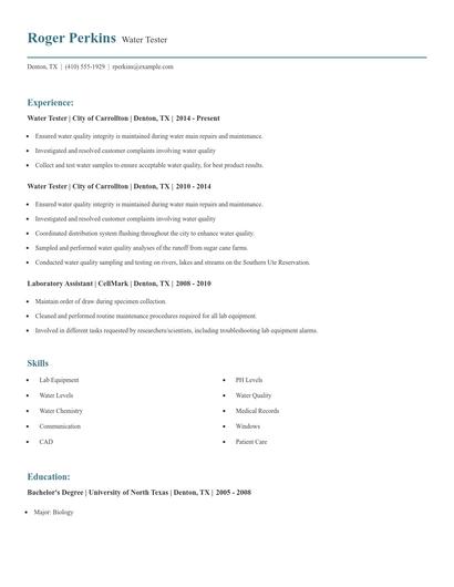 Water Tester Resume