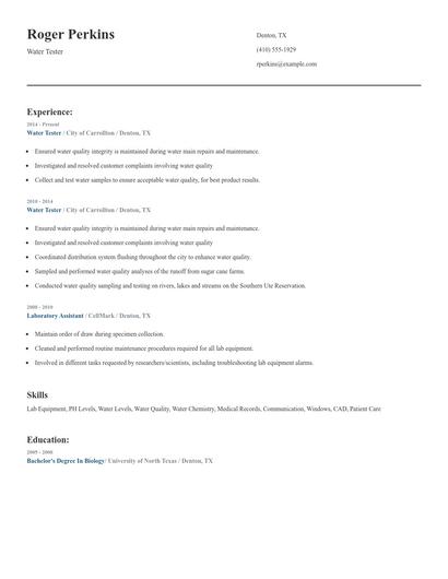 Water Tester Resume