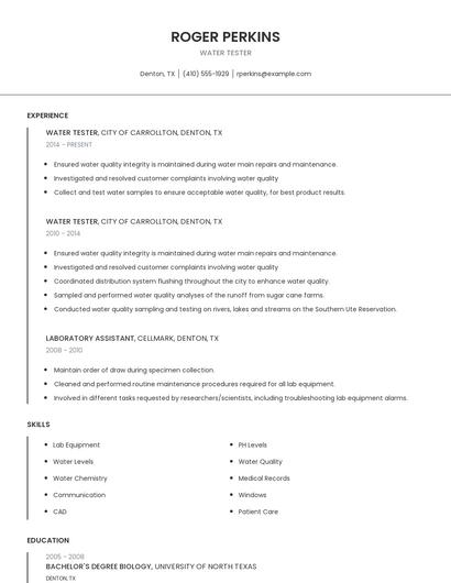 Water Tester Resume