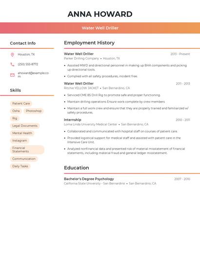 Water Well Driller Resume