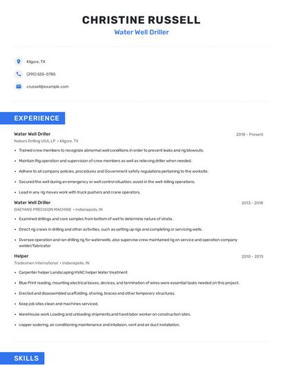 Water Well Driller Resume