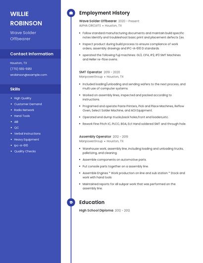 Wave Solder Offbearer Resume