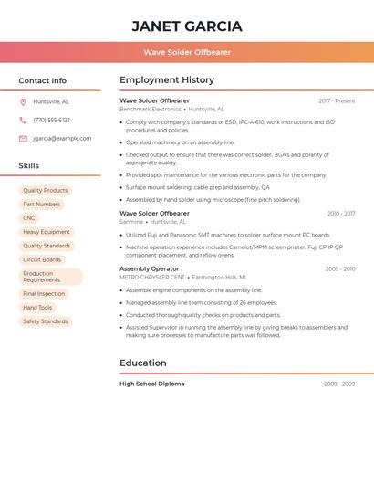 Wave Solder Offbearer Resume