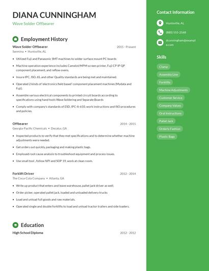 Wave Solder Offbearer Resume