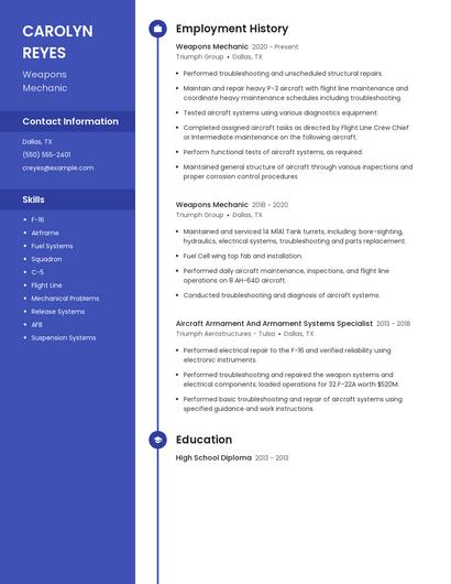Weapons Mechanic Resume