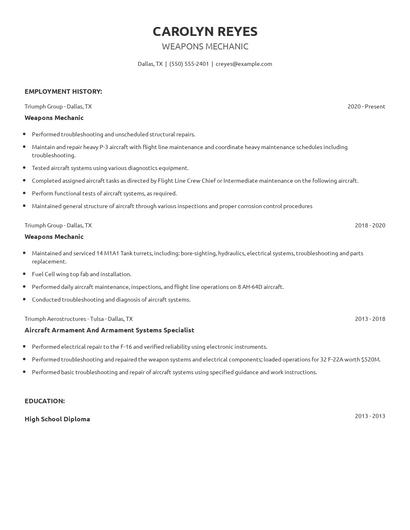 Weapons Mechanic Resume