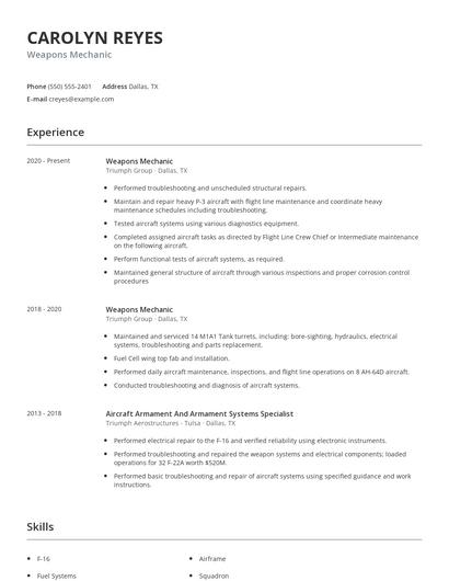 Weapons Mechanic Resume