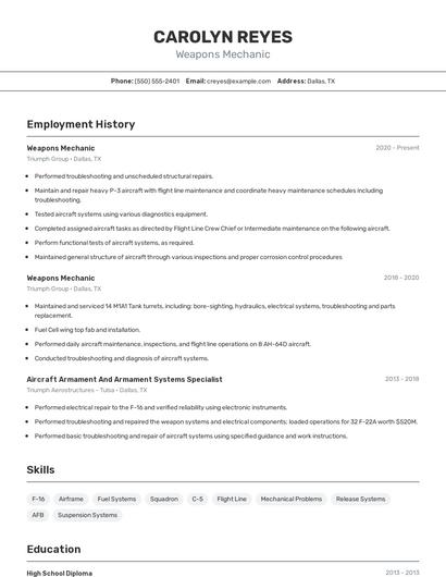 Weapons Mechanic Resume