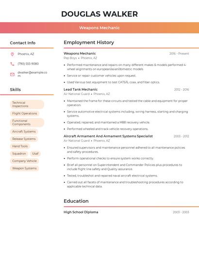 Weapons Mechanic Resume