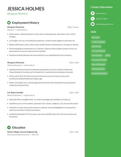 Weapons Mechanic Resume
