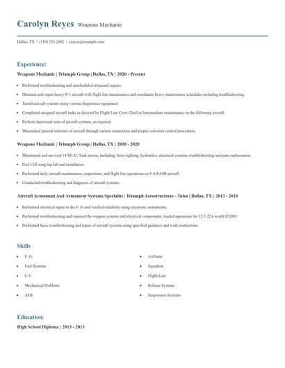 Weapons Mechanic Resume