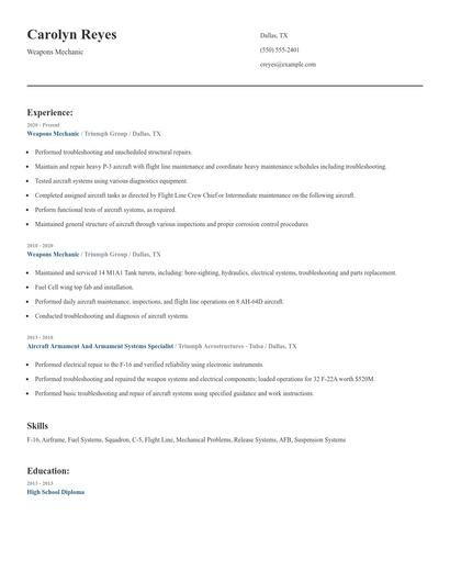 Weapons Mechanic Resume