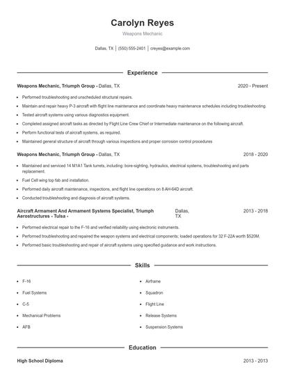 Weapons Mechanic Resume