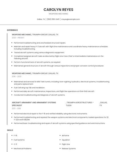 Weapons Mechanic Resume