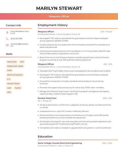 Weapons Officer Resume
