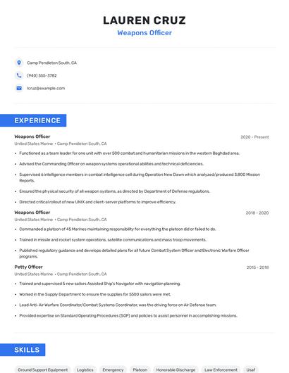 Weapons Officer Resume