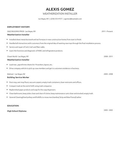 Weatherization Installer Resume