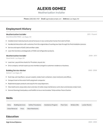 Weatherization Installer Resume