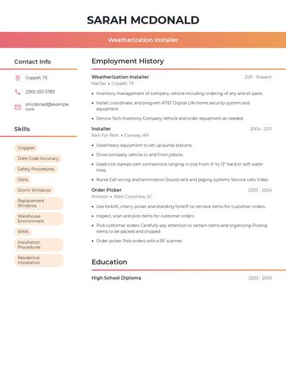 Weatherization Installer Resume