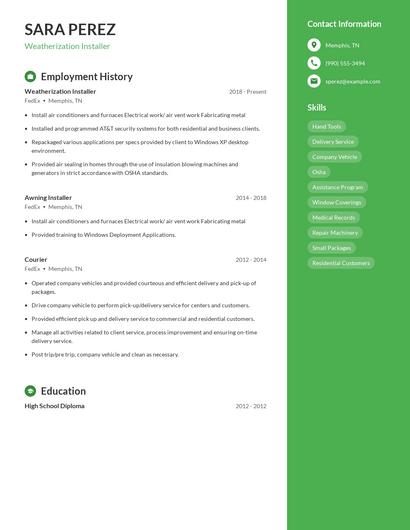 Weatherization Installer Resume