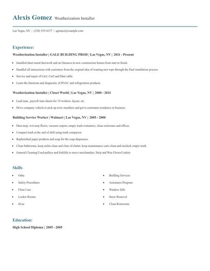 Weatherization Installer Resume